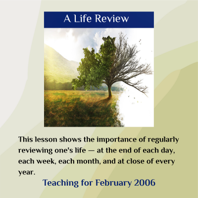 Tree in a field with mountains, text about life review, and teaching for February 2006.