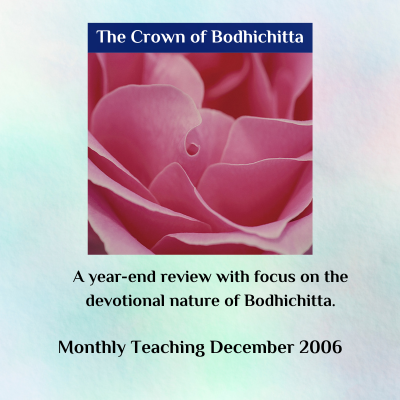 Cover of 'The Crown of Bodhichitta' with a pink rose and text about a year-end review and devotional focus.