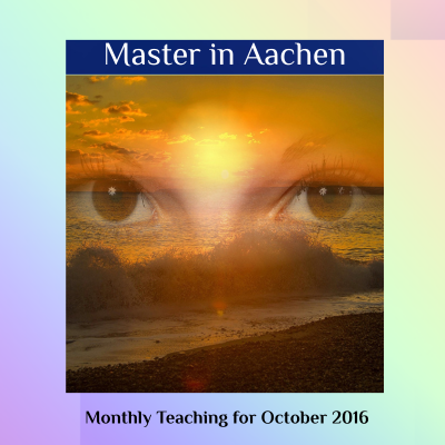 Sunset over water with eyes looking towards the sun, titled 'Master in Aachen Monthly Teaching for October 2016'.