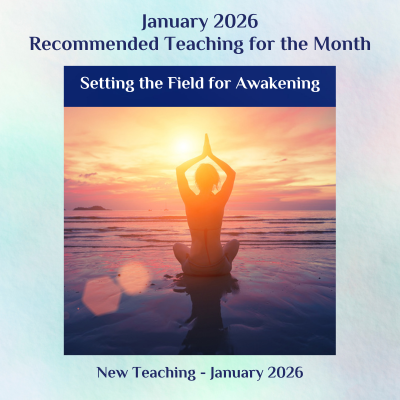 Person practicing yoga on a beach at sunset with text about recommended teaching for January 2026.